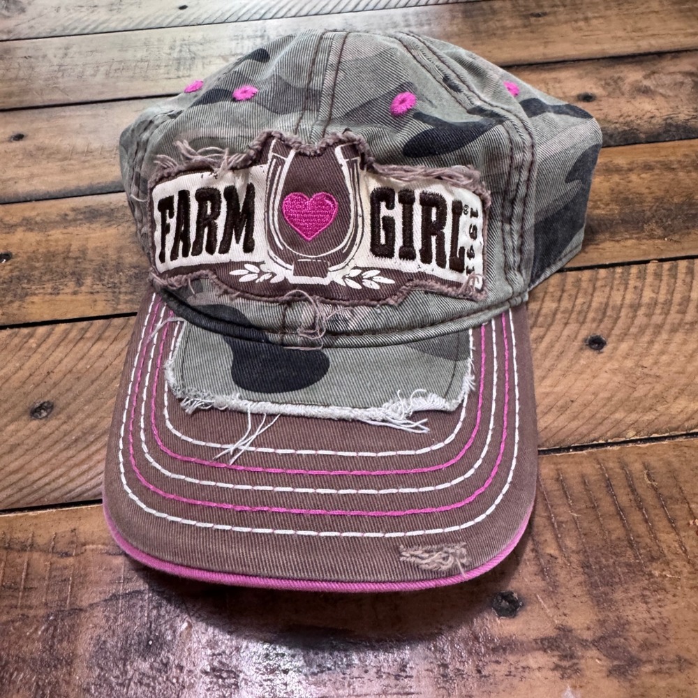 Farm Girl Baseball Cap Womens OS Green Camo Distressed Horseshoe Pink Heart Hat